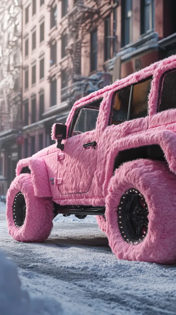 Here's a description of the image:

A pink Jeep Wrangler, completely covered in fluffy pink fur, is parked on a snowy street in front of a city building. The fur extends over the entire vehicle, including the tires. The background is blurred but shows a tall brick building with many windows.  The scene suggests a cold, winter day, with the light possibly hinting at sunrise or sunset. The overall effect is one of whimsical extravagance, juxtaposing the rugged nature of a Jeep with a soft, unexpected texture.