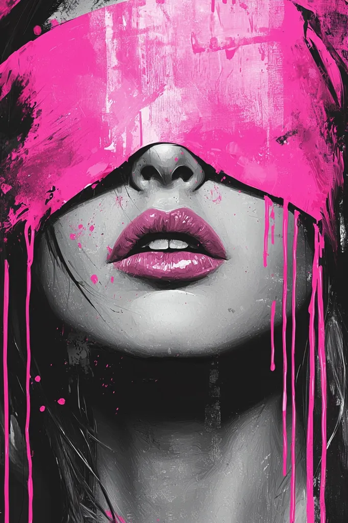 Here's a description of the image:

The artwork is a close-up portrait of a woman's face, predominantly in grayscale, with a vibrant splash of pink.  A thick, pink band covers her eyes, dripping down her face like paint. Her full lips are a matching pink, creating a striking contrast against her otherwise monochrome features. The style is expressionistic, with visible brushstrokes and splatters adding texture and a sense of movement to the pink paint. The overall effect is bold, dramatic, and slightly mysterious.