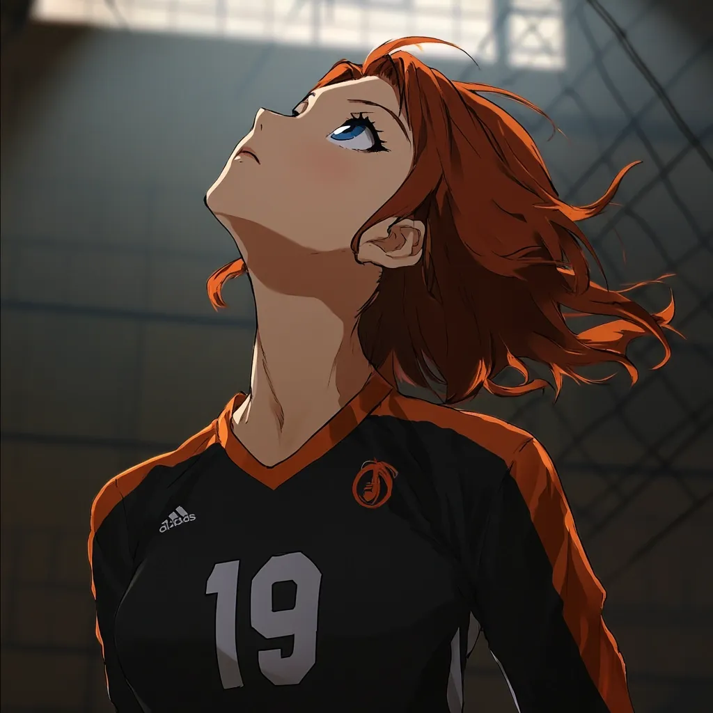 The image showcases an anime-style female volleyball player, her head tilted back in a contemplative or expectant pose.  She has vibrant orange hair, styled dynamically, and bright blue eyes.  She wears a black and orange Adidas volleyball jersey with the number 19 prominently displayed. The background suggests an indoor court setting, with shadows and a glimpse of a net. The overall style is detailed and realistic, with a focus on capturing the character's expression and the movement of her hair.