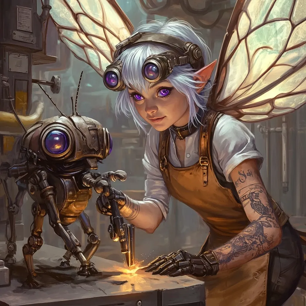 A steampunk-inspired illustration depicts a young, light-haired elf with large insect-like wings.  She wears goggles and a brown apron, meticulously working on a small, insect-shaped automaton.  The elf's arm displays intricate tattoos, and she uses a welding tool, sparks flying from the metal. The scene is set in a cluttered workshop, hinting at a fantastical, mechanical world.  The elf's focused expression and the detail of the machinery highlight her skill and dedication to her craft.