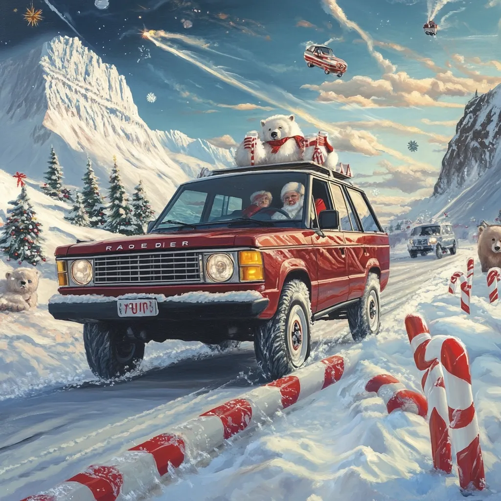 A whimsical Christmas scene unfolds on a snowy mountain road. Santa and Mrs. Claus, along with a polar bear holding candy canes, ride in a red Range Rover.  Giant candy canes line the road.  A snowy landscape, complete with Christmas trees and a majestic mountain peak, forms the backdrop.  Other smaller vehicles and polar bears add to the festive, slightly surreal atmosphere.  The scene is painted in a vibrant, illustrative style.