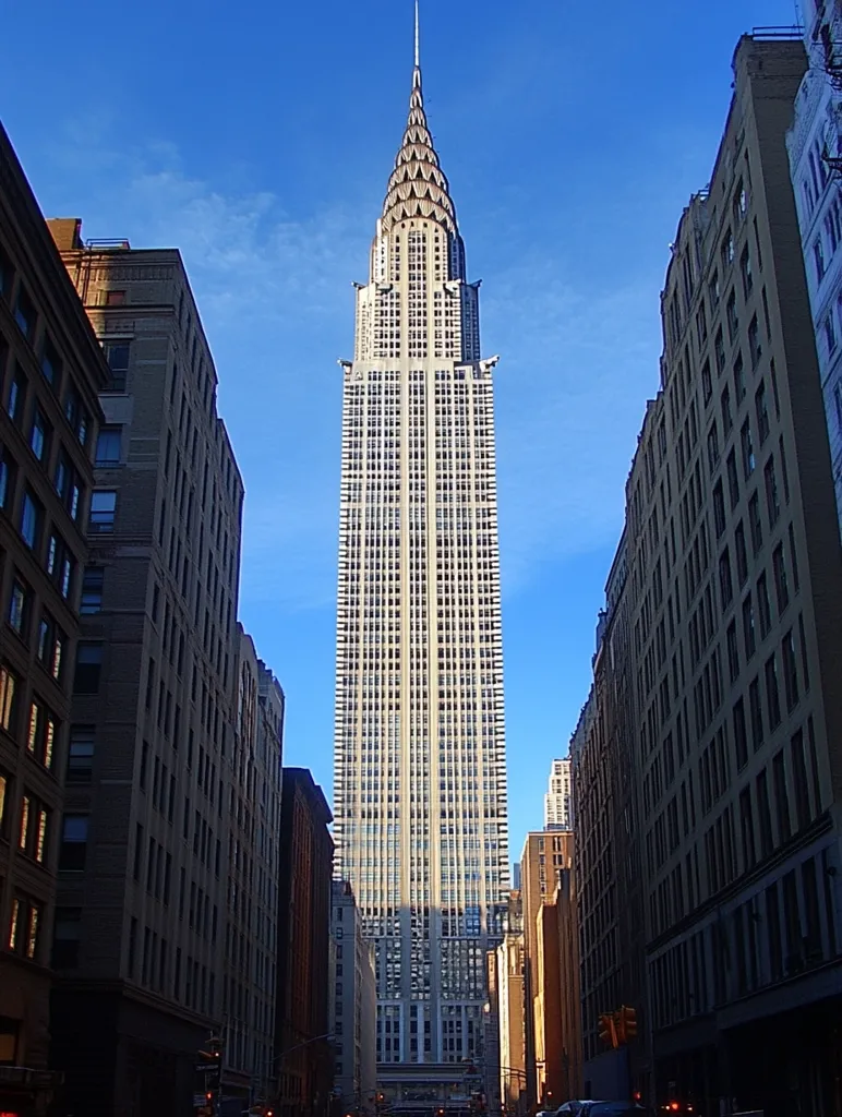 Here is a description of the image in about 100 words:

The Chrysler Building in New York City dominates this photograph, its Art Deco spire piercing a clear blue sky.  The skyscraper's light-colored facade is sharply detailed, contrasting with the darker, brick buildings flanking it on either side.  These flanking buildings, also tall, create a narrow street perspective leading the eye directly to the Chrysler Building.  The scene is bathed in sunlight, with shadows accentuating the architectural details of the buildings. The overall impression is one of urban grandeur, showcasing the Chrysler Building's iconic status within its city context. The image is a low-angle shot taken from street level.