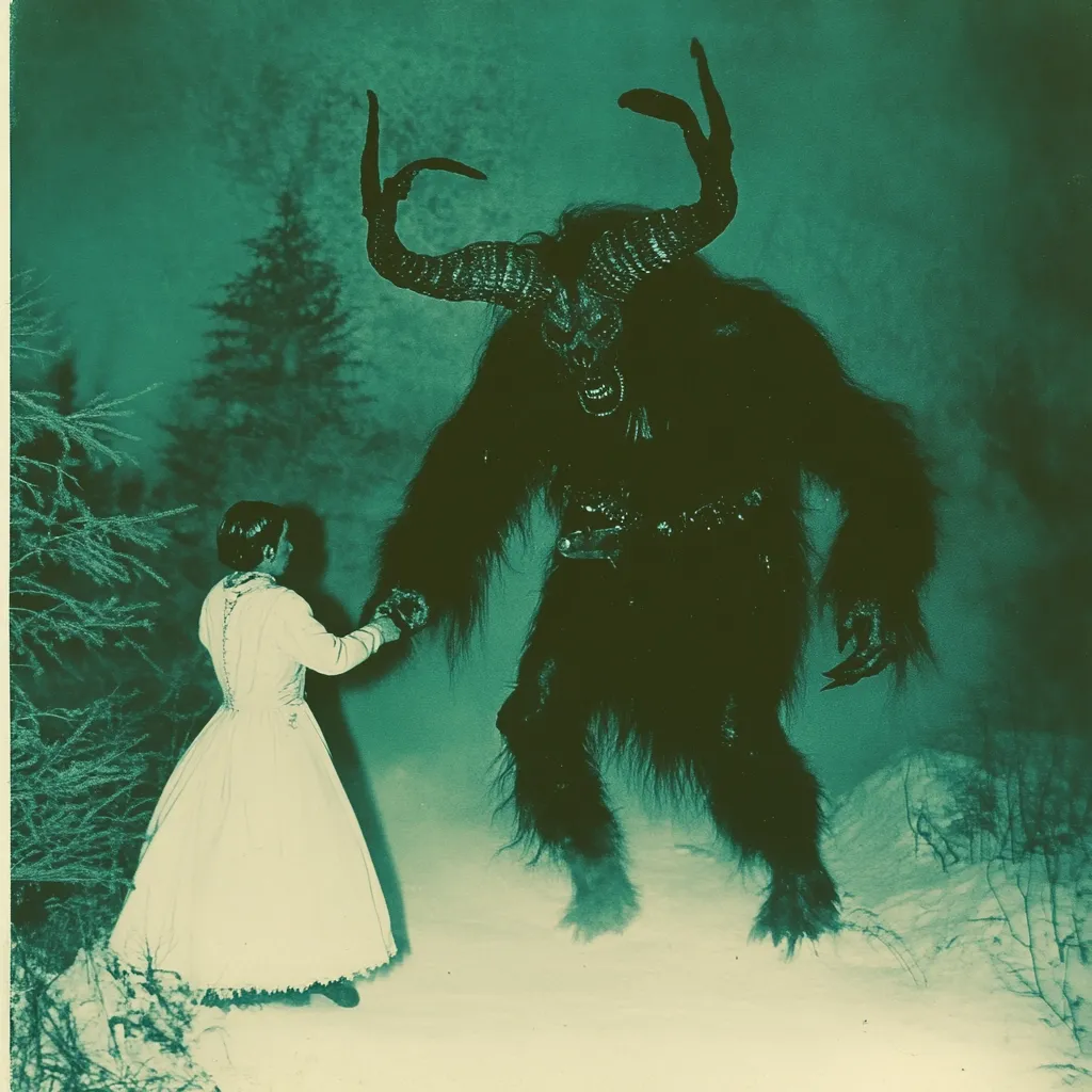 Here's a description of the image:

The image is a stylized, possibly vintage, photograph or film still. It depicts a large, dark, hairy creature resembling a horned devil or mythological beast. The beast stands in a snowy landscape, its large horns curving backwards. A woman in a long, white dress stands facing it, her hand gently touching the creature's. The scene is shrouded in a teal-green, somewhat hazy atmosphere, creating a mysterious and slightly unsettling mood. The overall style suggests a gothic or fantasy setting.