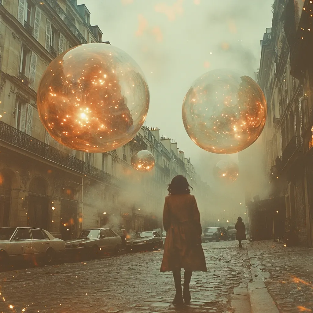 A woman in a long coat stands on a Parisian street, seemingly enveloped in a surreal atmosphere.  Giant, luminous orbs float above the buildings, emitting a warm, golden light that mixes with a hazy fog.  The scene is dreamlike, blending reality with fantasy.  Cars are parked along the cobblestone street, adding to the quiet, contemplative mood. Small, sparkling particles drift in the air, enhancing the magical feel of the illustration.