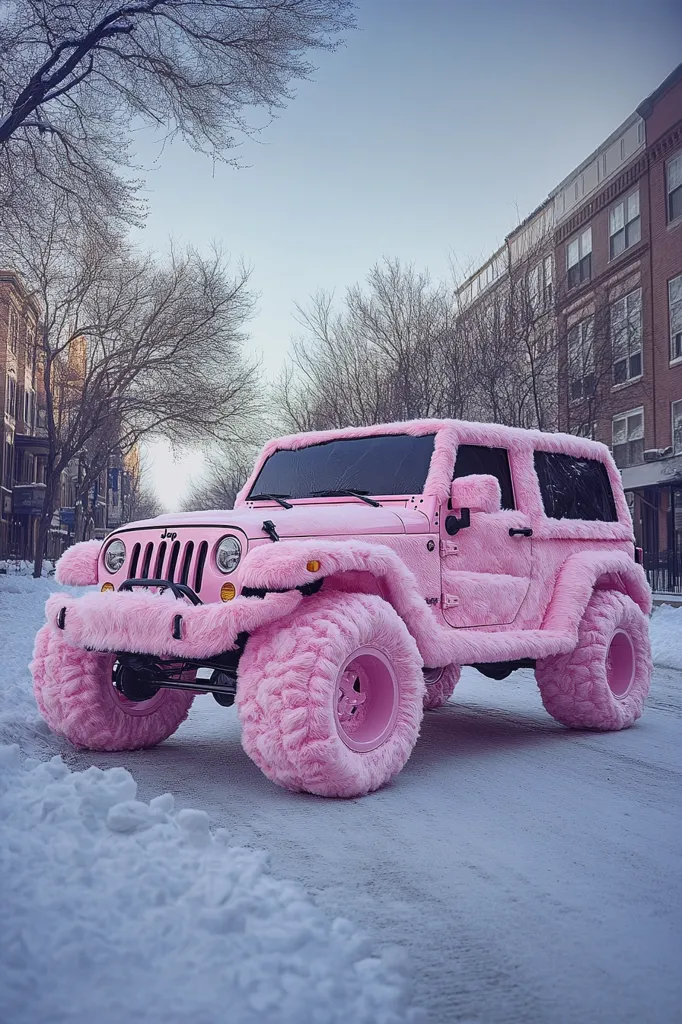 Here's a description of the image:

A pink Jeep Wrangler, completely covered in fluffy pink fur, is parked on a snow-covered street. The Jeep is a four-door model, and the fur extends over the body, wheels, and even the bumpers.  The background shows a quiet residential street with bare trees and brick buildings under a pale sky. The overall scene is whimsical and unexpected, juxtaposing the ruggedness of a Jeep with the soft, playful texture of the fur. The snowy ground suggests a cold climate.
