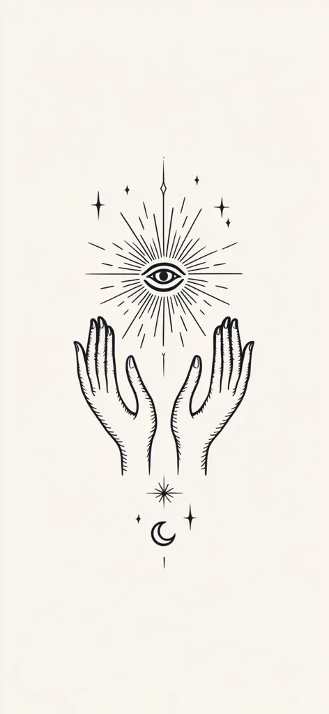 Here's a description of the image:

The image is a minimalist line drawing featuring two hands cupping a radiant eye.  The eye, reminiscent of the Eye of Providence, is encircled by sunburst rays. Small stars and a crescent moon add to the celestial theme, creating a mystical and spiritual aesthetic.  The style is simple and elegant, with clean lines and a monochromatic color scheme.  The overall impression is one of enlightenment, protection, or spiritual connection.