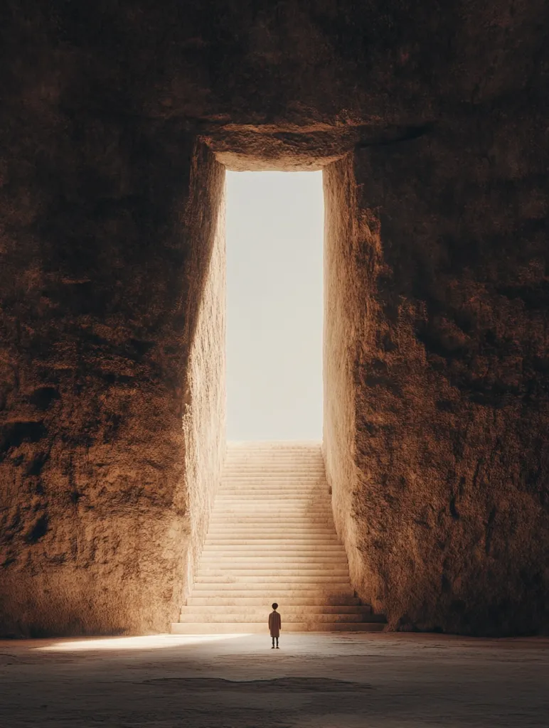 Here's a description of the image:

The image depicts a solitary figure, appearing small and childlike, standing at the base of a long staircase.  The stairs ascend towards a bright, rectangular opening in a towering, rough-hewn rock formation. The rock walls are a warm, earthy tone, contrasting with the brighter light emanating from the opening above. The scene is minimalist and evocative, suggesting themes of journey, hope, or a transition to a brighter future. The overall atmosphere is serene and slightly mystical.