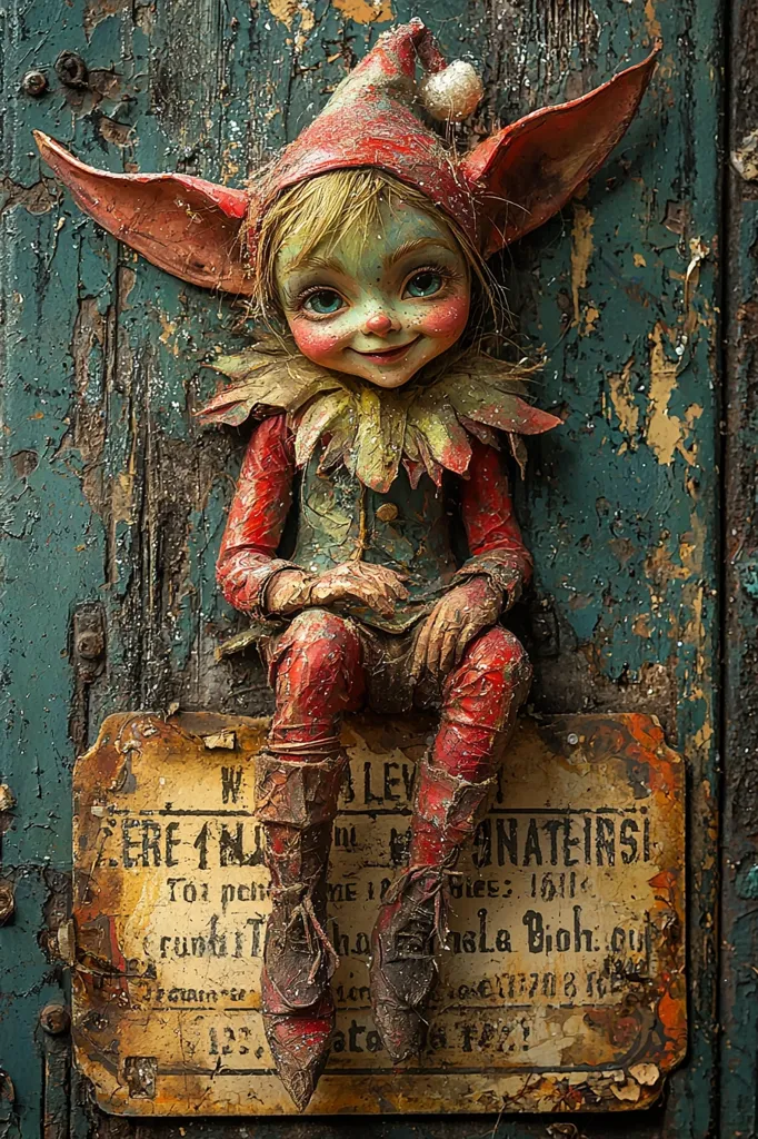 Here's a description of the image:

A whimsical, handcrafted elf figurine is the focal point, perched atop a weathered, aged plaque. The elf, with large, expressive eyes and a gentle smile, wears a red and green costume, detailed with textured fabric and foliage accents. Its pointed ears and conical hat add to its fantastical charm. The background is a distressed, teal-colored wooden surface, heavily textured with peeling paint and showing signs of age. The plaque beneath the elf appears to be an old, possibly antique, ticket or label with illegible text, contributing to the overall vintage aesthetic. The entire scene evokes a sense of aged artistry and folklore.