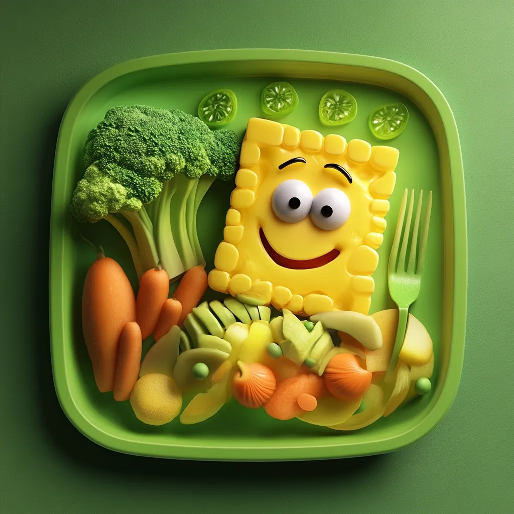 Here's a description of the image:

A playful, digitally rendered image showcases a child's green square plate brimming with colorful, healthy food.  A cheerful, yellow, square-shaped character, resembling a happy cracker or cheese puff with large eyes and a smile, is the centerpiece. Surrounding it are broccoli florets, baby carrots, sliced bell peppers, and other chopped vegetables, arranged artfully. A small, green plastic fork rests beside the food. The overall presentation is bright, fun, and designed to appeal to children. The green background complements the plate's color.