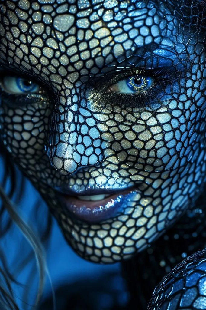 Close-up of a woman's face, intricately adorned with a dark, net-like pattern resembling reptile scales. The makeup shimmers with silver and blue accents, complementing her striking blue eyes. The lighting is dramatic, emphasizing the texture and depth of the design. The overall effect is otherworldly and captivating, transforming the model into a mesmerizing creature.
