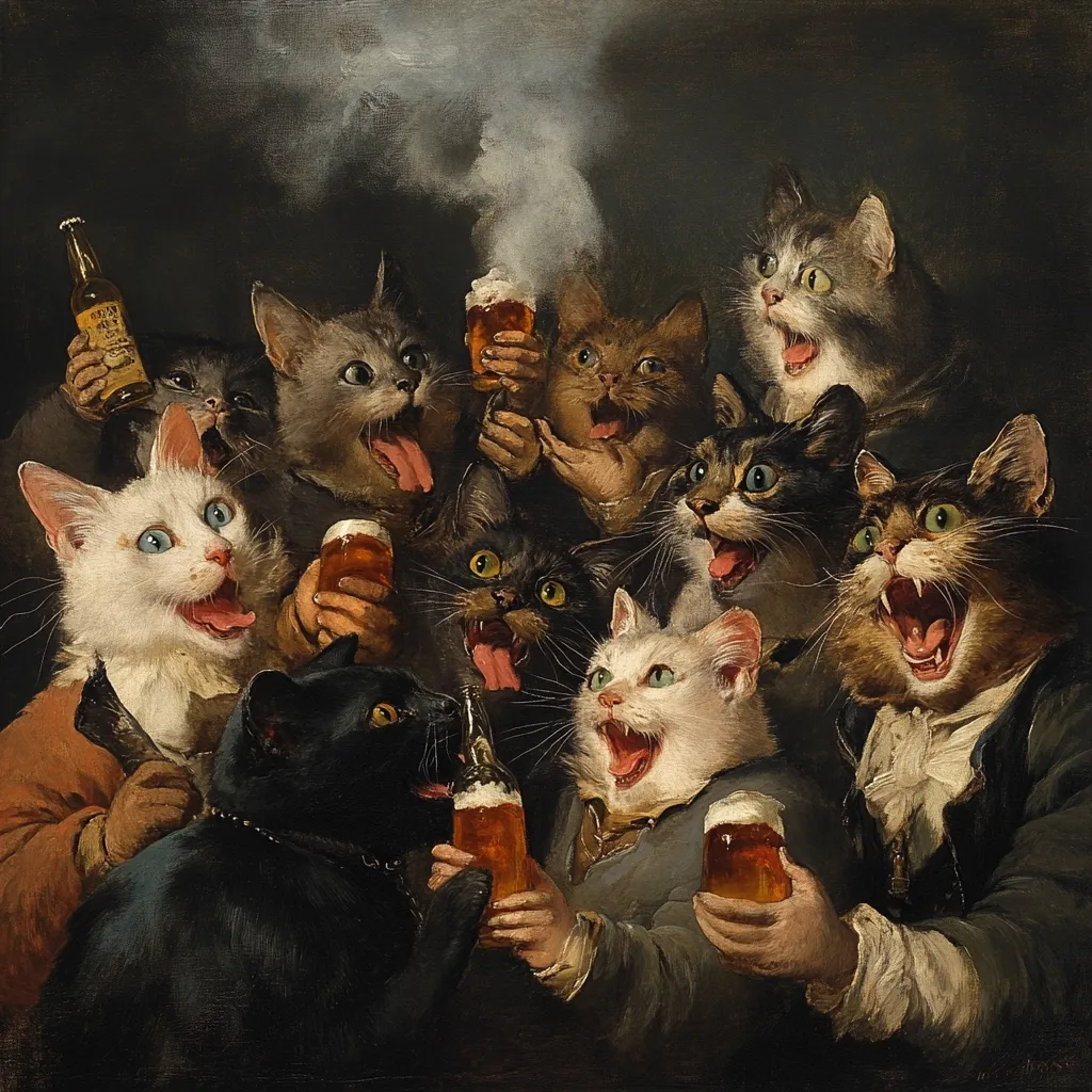 A lively group of anthropomorphic cats, depicted in an oil painting, engages in a convivial beer-drinking session.  Each cat, dressed in 17th-century attire, holds a beer glass or bottle, their expressions ranging from joyous to boisterous.  The painting's dark background emphasizes the brightly lit cats and their animated actions, creating a humorous and slightly chaotic tavern scene. The style suggests a parody of classic Dutch genre painting.