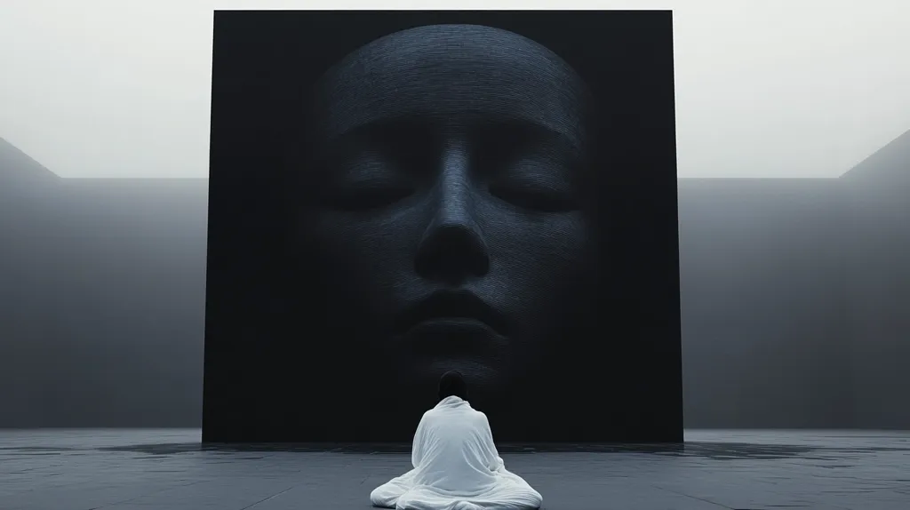 A minimalist image depicts a person in a white robe sitting before a large, dark, textured sculpture of a face with closed eyes.  The face dominates a black, rectangular panel, which stands in a large, grey, almost fog-filled room.  The scene evokes feelings of introspection, contemplation, and possibly a sense of awe or unease. The overall tone is somber and mysterious.