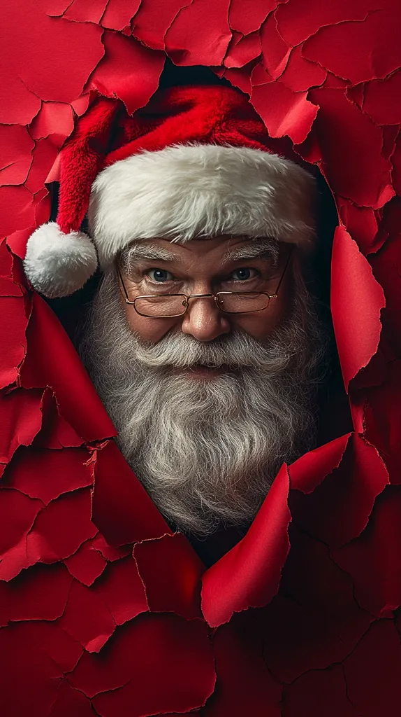 A close-up shot reveals Santa Claus peering through a jagged hole in a deep red, textured backdrop.  His face is partially visible, framed by a long, white beard and mustache. He wears glasses and a traditional Santa hat with a fluffy white trim.  The red background appears ripped or torn, creating a dramatic and slightly unsettling contrast with the jolly image of Santa. The overall mood is both festive and slightly mysterious.