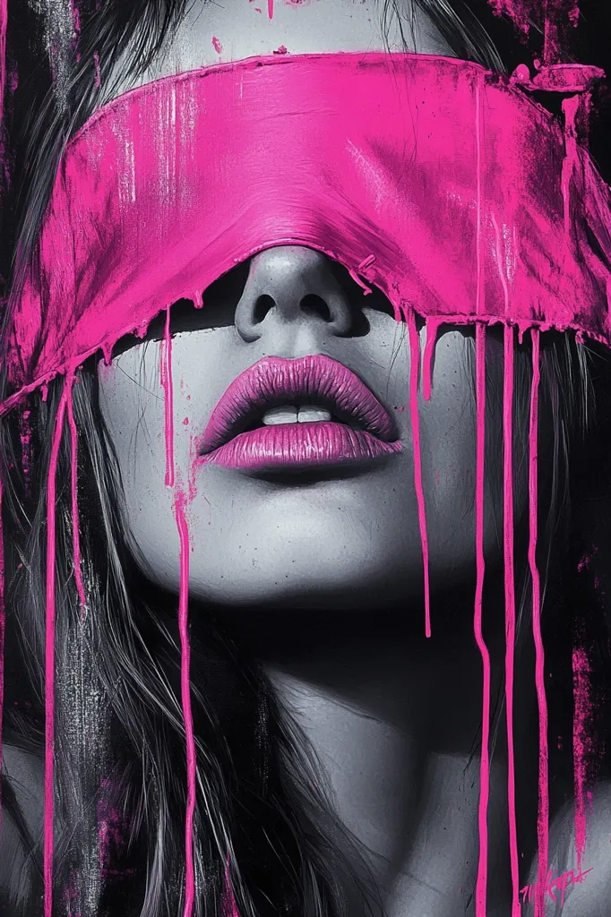 Here is a description of the image:

The artwork is a close-up portrait of a woman's face and upper chest.  Her eyes are covered by a vibrant, hot pink blindfold or paint, which drips dramatically down her face and neck, contrasting sharply with the grayscale rendering of her skin and hair.  Her full lips are also painted a matching bright pink. The style suggests a blend of realism and abstract expressionism, with the textured paint strokes adding to the piece's overall dramatic effect. The overall mood is one of mystery and intensity.