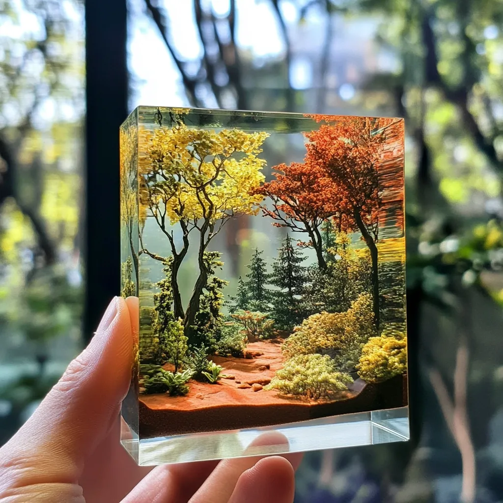A hand holds a small, cube-shaped resin artwork depicting a miniature autumnal forest scene.  The clear resin encases tiny, meticulously crafted trees in shades of yellow, orange, and green, set on a reddish-brown path.  Smaller shrubs and evergreens fill the undergrowth, creating a detailed and realistic miniature landscape. The background suggests an outdoor setting, blurred and out of focus. The overall effect is charming and delicate.
