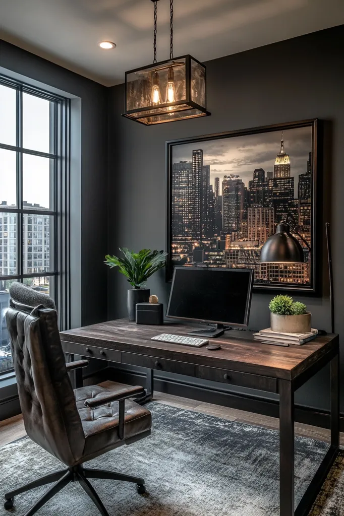 Here's a description of the image:

A stylish, dark-toned home office features a large, dark wood desk with metal legs. A leather executive chair sits in front of the desk.  A cityscape picture hangs above the desk, adding to the sophisticated ambiance.  The room is painted a deep charcoal grey, complemented by a modern, two-light rectangular pendant fixture and a large window offering ample natural light.  Small potted plants and books add subtle touches of life and personality to the meticulously designed space.  An area rug under the desk defines the workspace, tying the overall dark and sophisticated design scheme together.