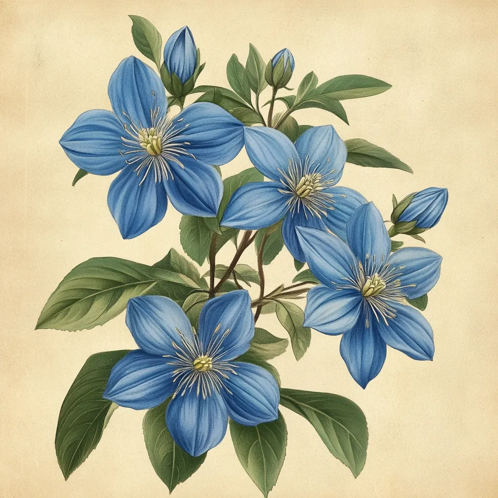 Here's a description of the image:

The image is a botanical illustration of a cluster of light blue Clematis flowers.  Four blossoms are fully opened, showcasing their delicate, numerous petals and prominent yellow centers.  Several unopened buds are also present, suggesting growth and potential. The flowers are depicted with intricate detail, showing veining in the petals and subtle shading for depth. Lush green leaves with visible texture surround the blossoms, creating a visually appealing balance between the floral elements and foliage. The overall style suggests a vintage or antique aesthetic, possibly from a botanical text or print. The background is a muted beige or cream color.