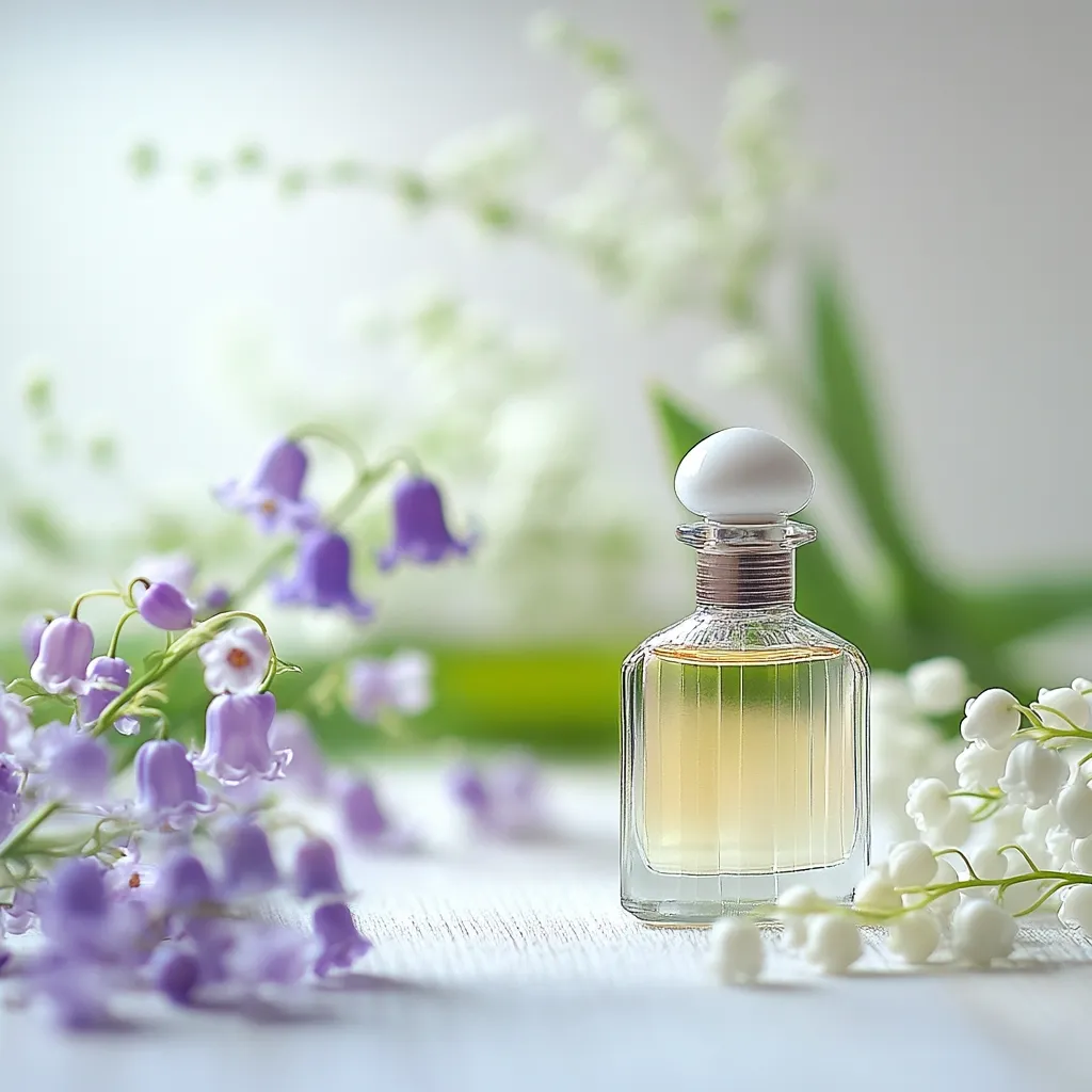 A small, elegant perfume bottle with a pale yellow liquid sits on a white surface.  It's surrounded by delicate, light purple lily of the valley blossoms and white lilies of the valley, creating a soft, romantic scene. The background is blurred, but shows more of the same flowers, emphasizing the fragrance theme. The overall mood is serene and peaceful, suggesting a light, floral scent.
