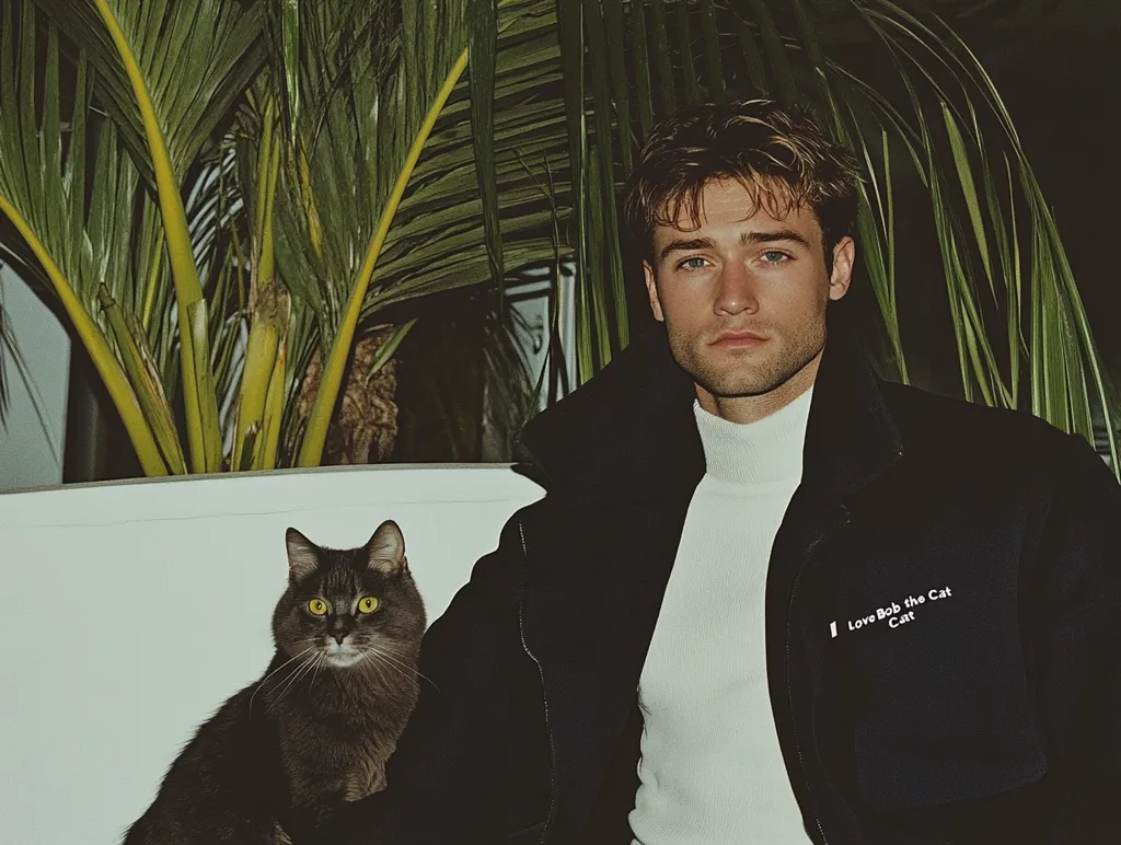 A young man with light brown hair sits against a white backdrop, a dark gray cat nestled beside him. He's wearing a black jacket with the words "I Love Bob the Cat" embroidered on it, and a cream-colored turtleneck sweater. A large potted palm plant frames the scene, providing a lush, tropical feel. The photo has a vintage, slightly desaturated quality, adding to its aesthetic.  The man and cat look directly at the camera.