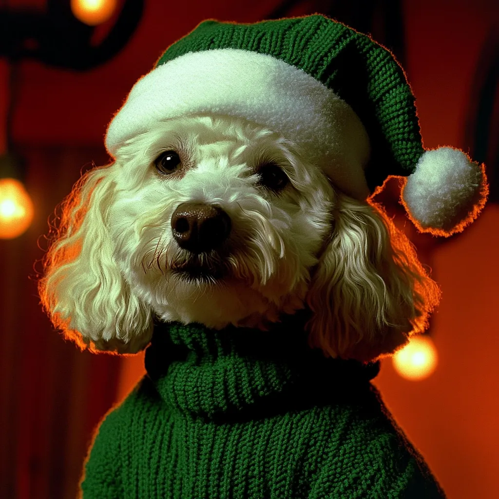 A fluffy white poodle, dressed in a festive green sweater and matching Santa hat, sits against a warm, amber-lit background. The dog's soft fur contrasts beautifully with the knitted textures of its clothing. Its dark eyes gaze directly at the viewer, creating a charming and heartwarming Christmas portrait.  The warm lighting and cozy attire evoke a sense of holiday cheer and comfort.