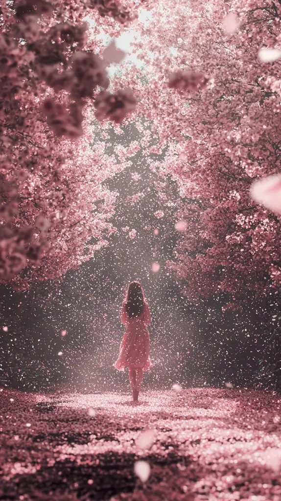 A lone woman walks down a path engulfed in a pink wonderland.  Cherry blossoms create a canopy overhead, showering delicate petals onto her and the ground.  The scene is dreamlike and ethereal, bathed in soft light that filters through the blossoming branches. The woman's light pink dress blends seamlessly with the surrounding floral beauty, creating a serene and magical ambiance.