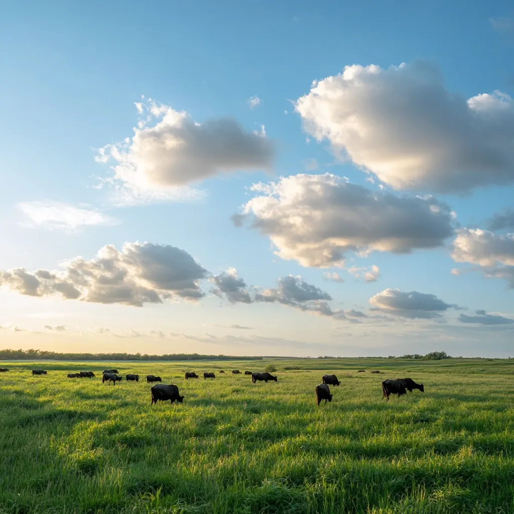 A tranquil pastoral scene unfolds under a vast, blue sky dotted with fluffy white clouds.  A lush green pasture stretches to the horizon, populated by a small herd of dark-colored cattle peacefully grazing. The sun, possibly near setting, casts a soft light across the landscape, creating a serene and idyllic atmosphere. The overall impression is one of calm and rural beauty.