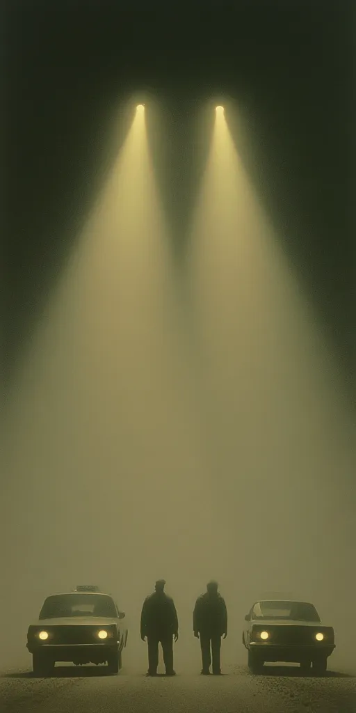 Here is a description of the image:

The image depicts a foggy, desolate scene illuminated by two bright, distant lights. Two silhouetted figures, possibly police officers, stand between two parked cars, their forms stark against the hazy background. The cars are similar in style, suggesting a police or official vehicle.  The overall mood is mysterious and somewhat ominous, with the fog and dim lighting enhancing the sense of isolation and suspense. The scene's symmetry and muted color palette contribute to its foreboding atmosphere.