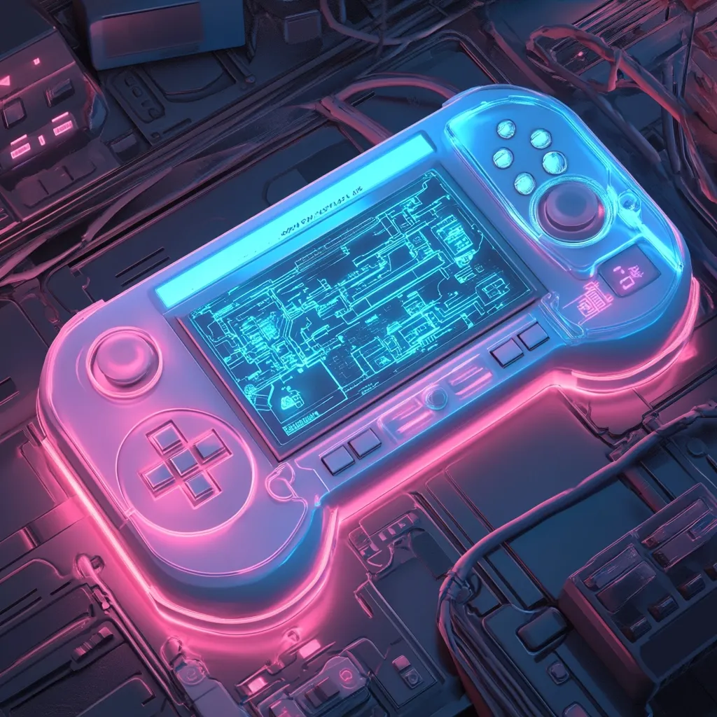 Here's a description of the image:

The image showcases a futuristic handheld gaming device, seemingly constructed from translucent, light-pink and light-blue material.  Its screen displays a cyan-hued schematic or blueprint.  The controller features a directional pad, action buttons, and an analog stick.  It rests on a complex, dark grey metallic surface, suggesting intricate wiring and other technological components.  The overall aesthetic is cyberpunk-inspired, emphasizing neon lighting and a high-tech, slightly retro design.