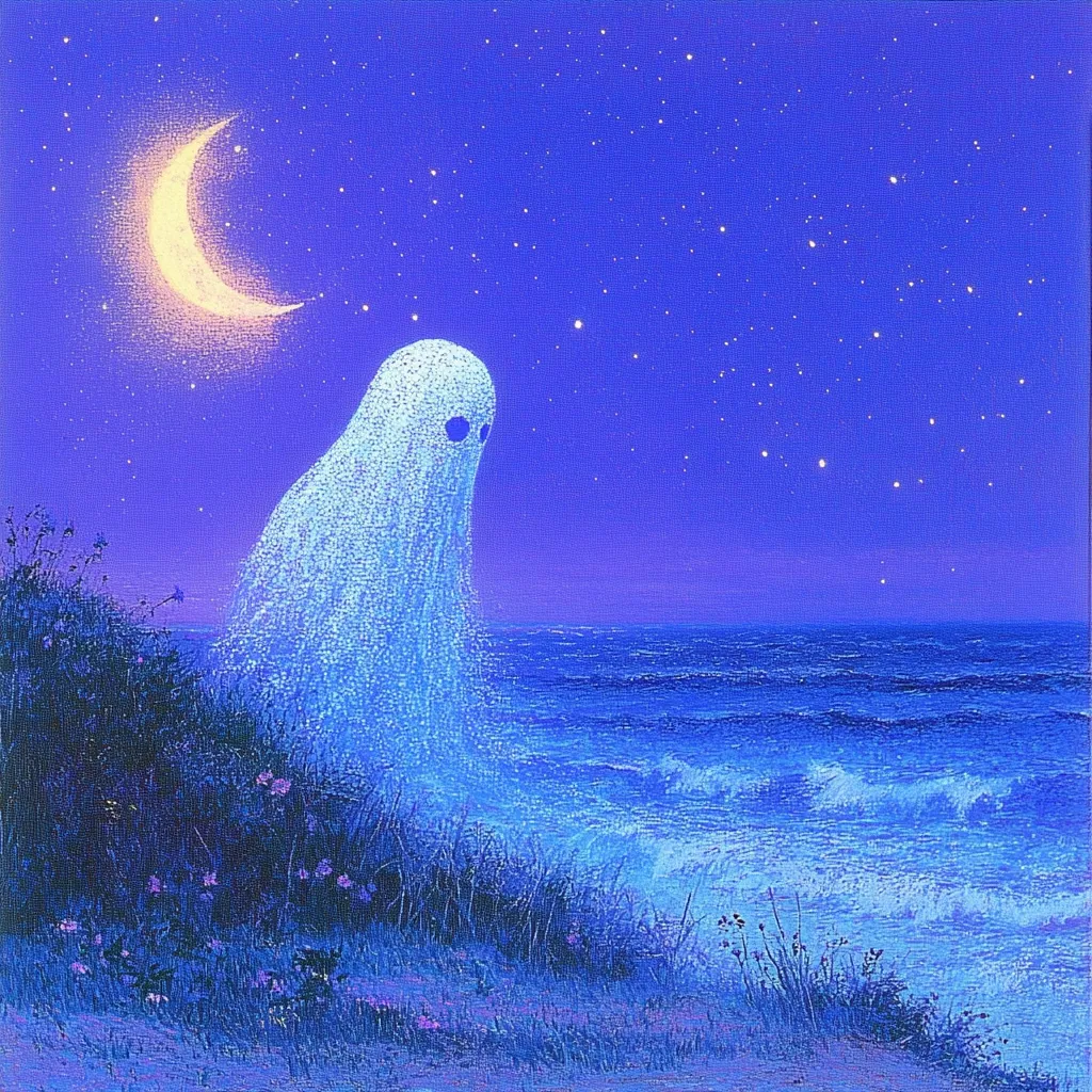 A whimsical painting depicts a translucent, ethereal ghost standing on a shoreline at night.  The ghost is luminous, appearing almost to glow, against a backdrop of a deep purple twilight sky speckled with stars and a crescent moon. Gentle waves lap the shore, and low-lying vegetation adds to the serene coastal scene. The overall mood is peaceful and slightly mystical.  The artist employs a palette of blues and purples, enhancing the dreamlike quality.
