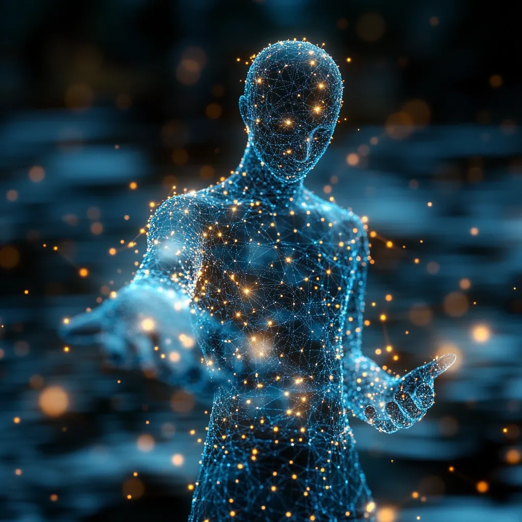 The image depicts a stylized human figure, constructed from a network of glowing blue lines and points of light.  It appears ethereal and almost holographic, with warm orange sparks emanating from its form. The figure's hands are outstretched, as if offering or receiving something, set against a blurred, dark blue background speckled with similar light particles.  The overall effect suggests digital connectivity, energy, or the concept of a digital consciousness.