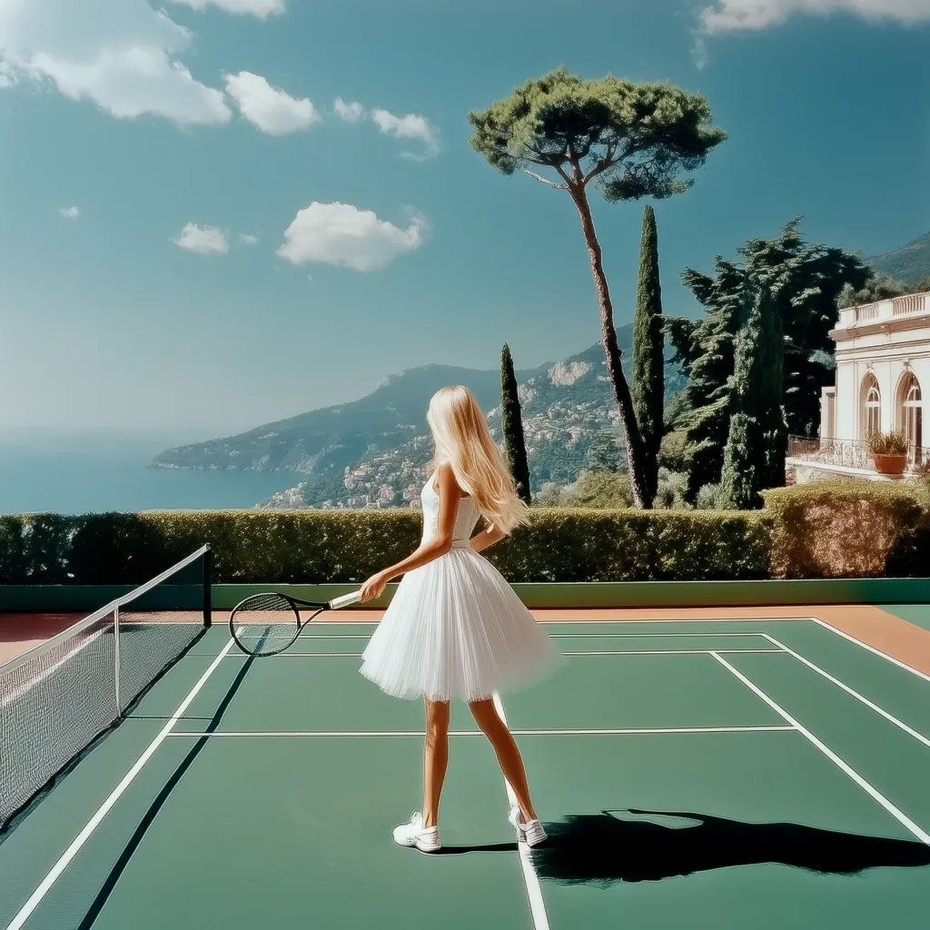 A blonde woman in a white tulle skirt and tennis shoes stands on a green tennis court, holding a tennis racket.  The backdrop is a breathtaking vista of a coastal town nestled against a mountain range, with the deep blue sea visible in the distance.  The scene is idyllic and sunny, with lush greenery and a stately building visible beyond the court.  The overall aesthetic is elegant and luxurious.