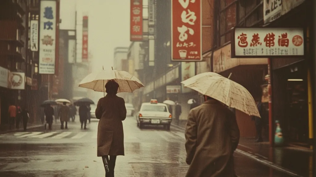 A rainy day in a bustling Japanese city street. Two figures, cloaked in beige coats and under matching umbrellas, walk away from the camera.  The street is lined with buildings displaying Japanese signage, adding to the atmosphere.  Other pedestrians with umbrellas are visible in the background, creating a sense of depth and movement.  The overall tone is muted and nostalgic, evoking a feeling of quiet contemplation amidst urban life. A taxi is seen in the middle distance.