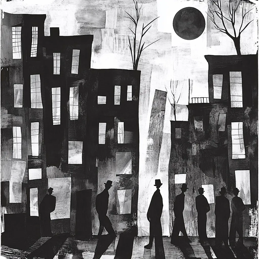 Here is a description of the image:

The monochromatic artwork depicts a city street scene at night, rendered in a bold, expressive style.  Tall, dark buildings with multiple windows line the street, their shapes simplified and somewhat abstract.  A large, dark circle representing the moon dominates the upper right. Several figures in hats, rendered as simple silhouettes, walk along the street, their shadows elongated on the ground. The style is reminiscent of  expressionism or possibly even cubism, with a focus on capturing the mood and atmosphere rather than precise detail. The background is textured with brushstrokes that create a sense of depth and movement.