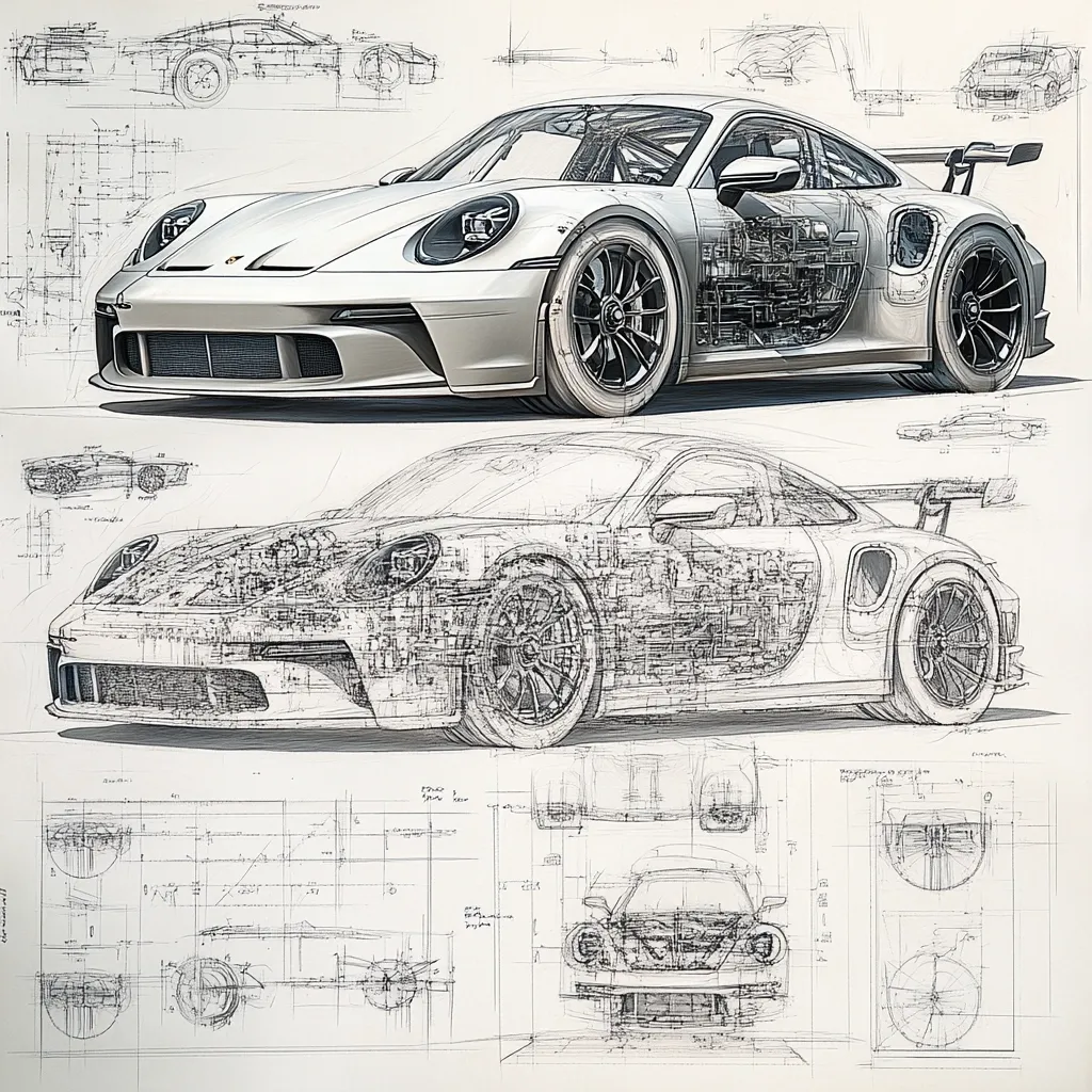 Here's a description of the image:

The artwork is a detailed technical drawing of a Porsche 911 GT3 RS, rendered in a style combining photorealism with exploded line art. Two prominent views of the car are shown: a top-down perspective, and a side profile. These are layered atop numerous technical diagrams and exploded schematics of the car’s various components, including the engine, wheels, chassis, and body panels.  The style suggests a blueprint or engineering drawing, beautifully rendered with a blend of grayscale shading and intricate line work. The overall effect is both aesthetically pleasing and informative, celebrating the car's design and mechanics.