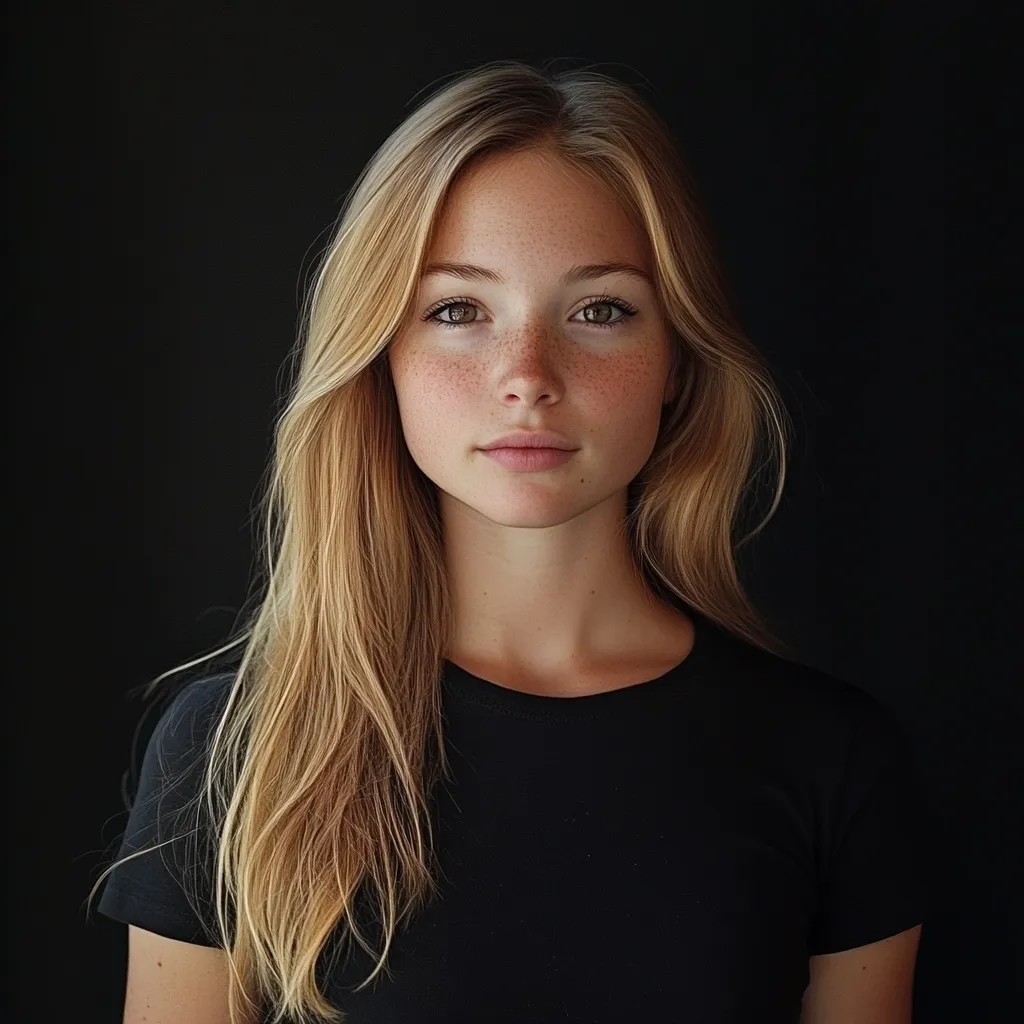 Here's a description of the image:

Close-up portrait of a young woman with long, light blonde hair that falls loosely around her shoulders.  She has fair skin adorned with freckles, and her expression is calm and direct, looking straight at the camera. Her eyes are a light hazel or green, and her lips are softly parted. She's wearing a simple, black, short-sleeved t-shirt against a plain black backdrop, which emphasizes her features and hair. The overall lighting is soft and even, creating a mood of serene beauty.