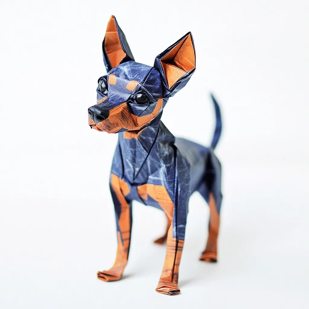 Here's a description of the image:

The image shows a meticulously crafted origami model of a miniature pinscher. The dog is depicted in a standing position, its body primarily a dark blue with tan accents on its legs and ears. The paper used appears to have a subtle textured pattern. The origami is incredibly detailed, capturing the breed's characteristic features, from its erect ears to its small, compact body. The model is presented against a clean white background, enhancing its visual impact and highlighting the precision of the folds. The overall impression is one of artistry and skill in the art of origami.