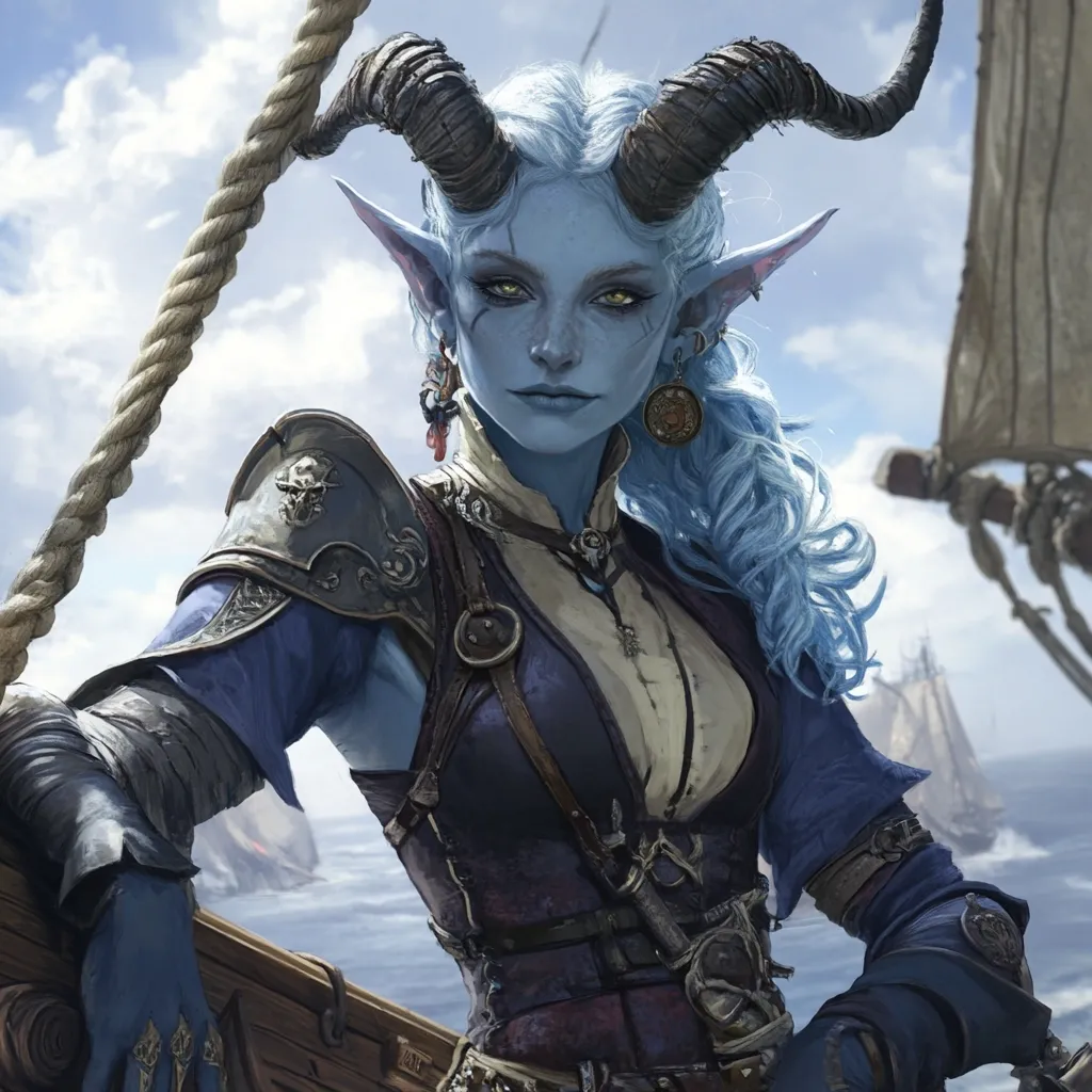 The image depicts a striking female Tiefling, a fantasy creature with blue skin, horns, and pointed ears. She's adorned in elaborate, dark-hued pirate attire, including armored shoulder pieces, a laced bodice, and wristbands.  Her long, light blue hair cascades down her back.  She leans against a ship's railing, overlooking a turbulent sea with sailing vessels in the distance.  The overall atmosphere is one of adventure and seafaring fantasy.