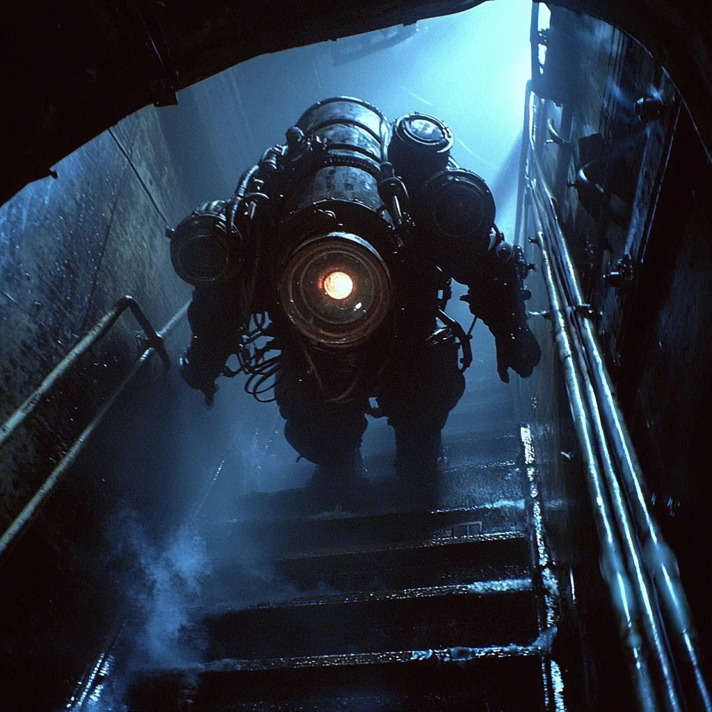 A dark, moody image shows a large, mechanical figure descending a damp, metallic staircase. The figure resembles a steampunk diving suit or robot, with a prominent central lamp glowing faintly.  It's bulky, with numerous pipes and attachments visible.  The setting is claustrophobic, a narrow, dimly lit passageway suggesting an underwater or industrial environment.  Water trickles down the stairs, adding to the sense of mystery and potential danger.