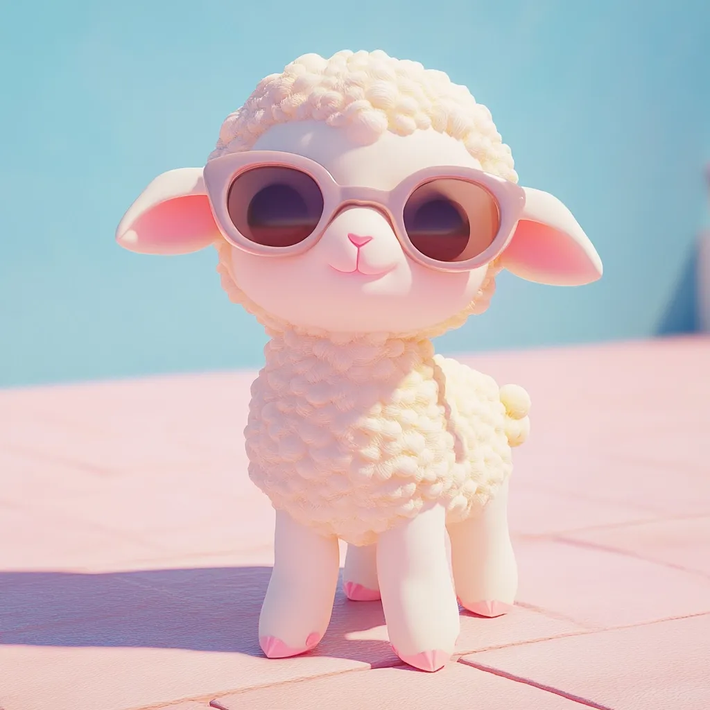 Here's a description of the image:

The image is a close-up of a charming, stylized 3D-rendered lamb.  The lamb is predominantly light cream or pastel yellow, with a fluffy, textured coat. It's wearing oversized, pale pink cat-eye sunglasses, adding to its cute appeal. Its expression is gentle and slightly smiling. The lamb stands on a soft pink surface, possibly wood or tile, with a light blue background subtly visible. The overall style is pastel, whimsical, and evokes feelings of sweetness and innocence.  The lighting suggests a sunny day.