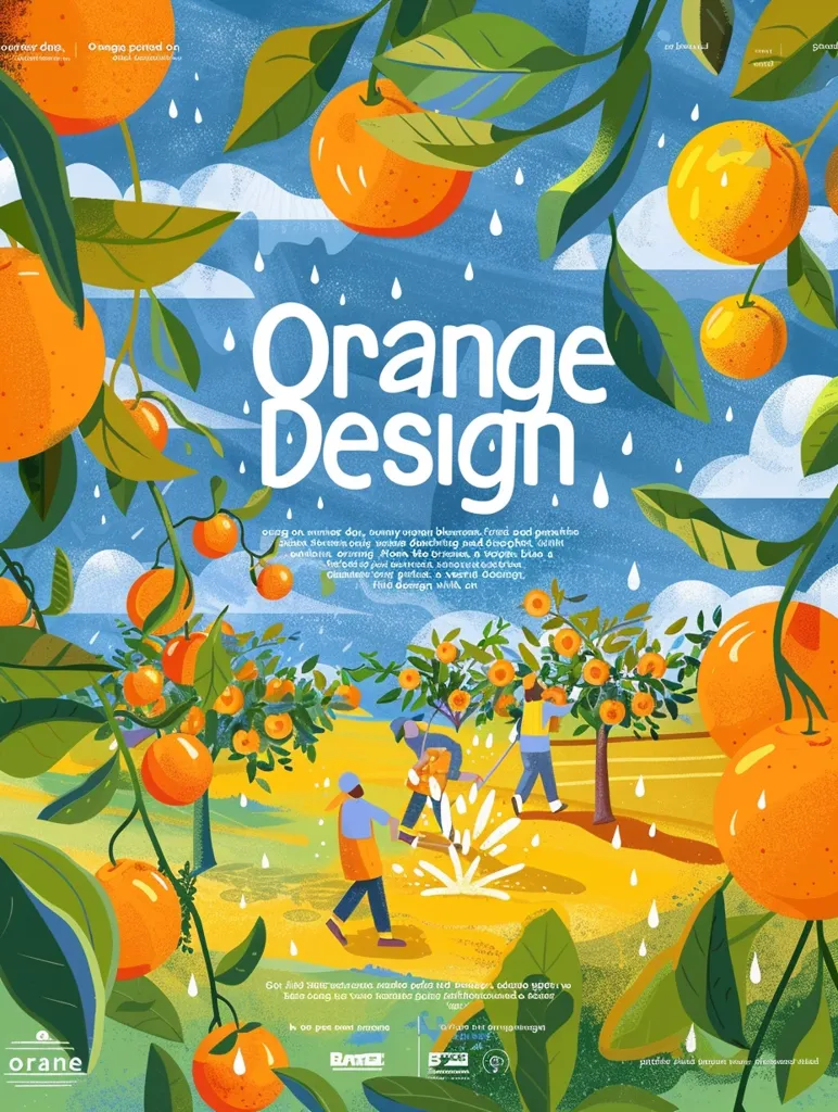 Here's a description of the image:

A vibrant illustration titled "Orange Design" showcases a sunny orchard scene.  Lush green orange trees laden with ripe, juicy oranges dominate the foreground and background. Rain gently falls, adding to the freshness.  In the lower portion, several figures are depicted harvesting oranges. The style is bold, graphic, and slightly whimsical, with a color palette that emphasizes bright oranges, greens, and blues. Text is interspersed, likely describing the design or its creators.  The overall impression is one of abundance, nature, and a celebration of oranges.