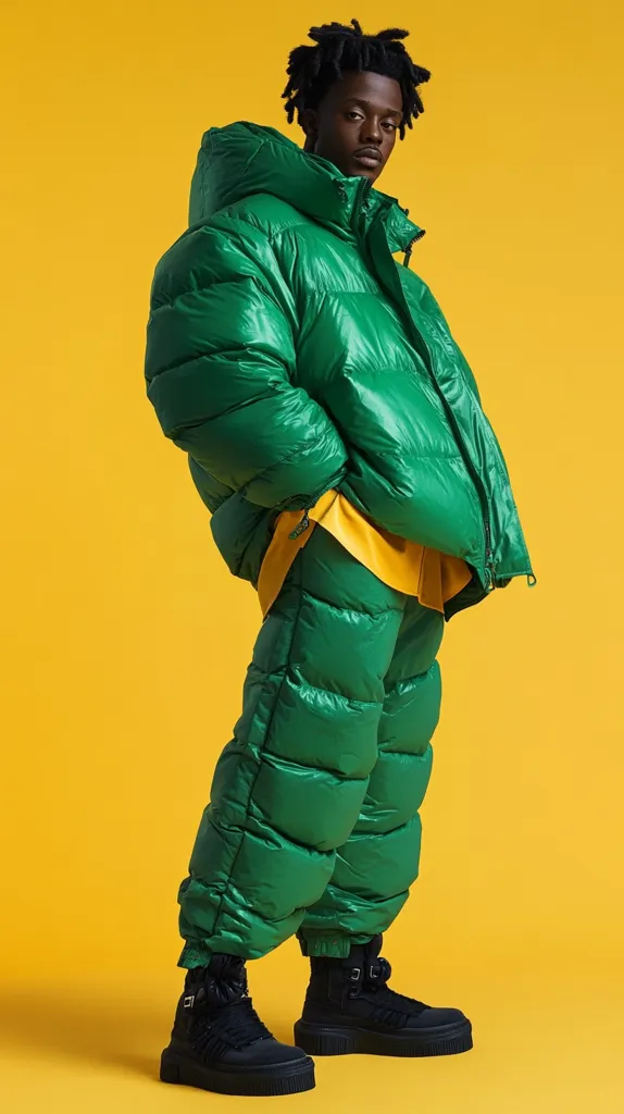 A young Black man models a vibrant green, oversized puffer jacket and matching pants against a bright yellow backdrop.  The shiny, quilted outerwear is voluminous and contemporary in style. He sports black high-top sneakers, completing a bold, monochromatic look. His dark, textured hair adds contrast to the bright ensemble. The image is sharply focused and well-lit, showcasing the clothing's texture and sheen.