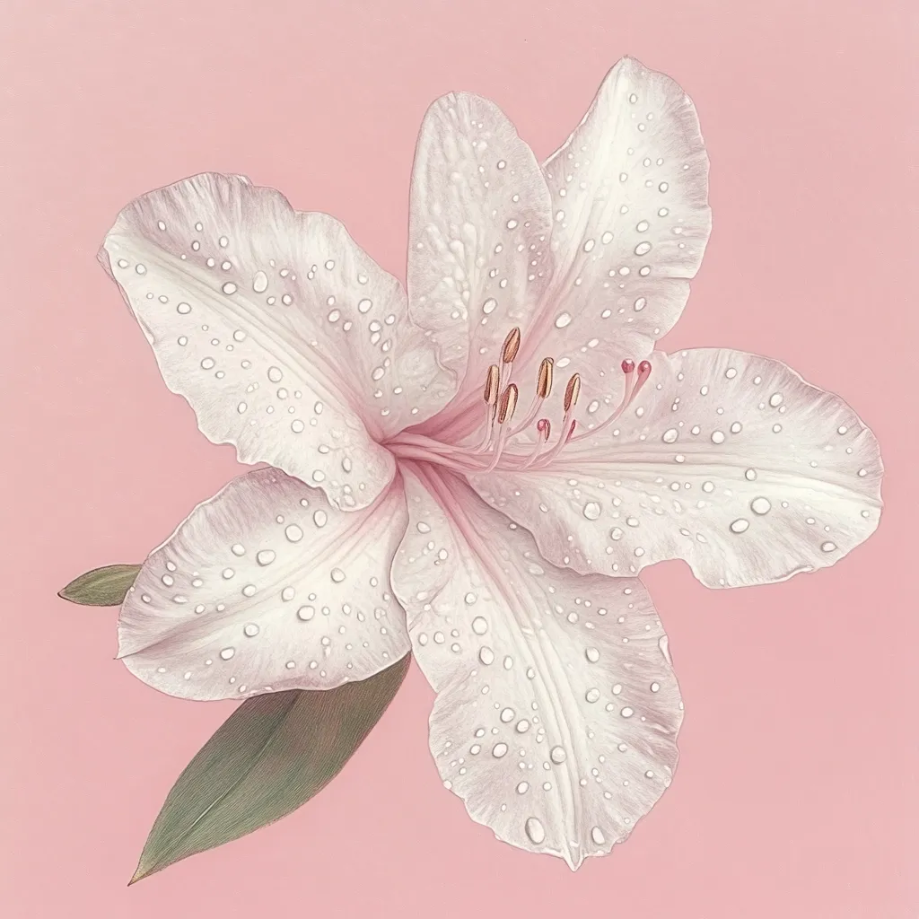 Here's a description of the image:

The image showcases a meticulously detailed illustration or painting of a single, large, pale pink flower, possibly a rhododendron or lily, against a soft pink background.  Water droplets are delicately rendered on each petal, adding a sense of freshness and dewiness. The flower's center reveals a subtle blush and visible stamens.  A few leaves extend from the base, adding to the overall composition. The style is realistic, emphasizing texture and fine detail, creating a serene and elegant aesthetic.