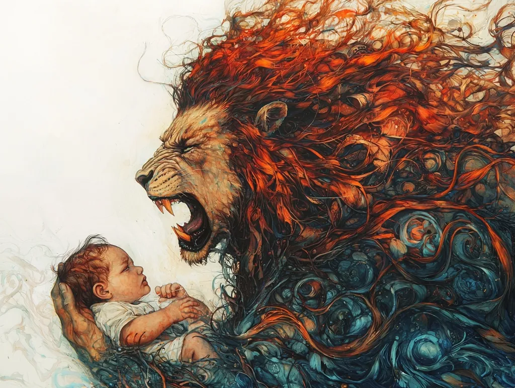 Here's a description of the image:

The artwork depicts a powerful, stylized lion with fiery, flowing mane in shades of orange and red. Its expression is fierce, yet its massive hand gently cradles a small, vulnerable infant. The lion's body merges seamlessly with swirling, abstract forms in teal and deep blues, creating a sense of both immense power and protective tenderness.  The contrast between the fierce lion and the innocent baby suggests a complex theme of strength, vulnerability, and perhaps, parenthood. The overall style is highly expressive and imaginative, blending realism with fantastical elements.