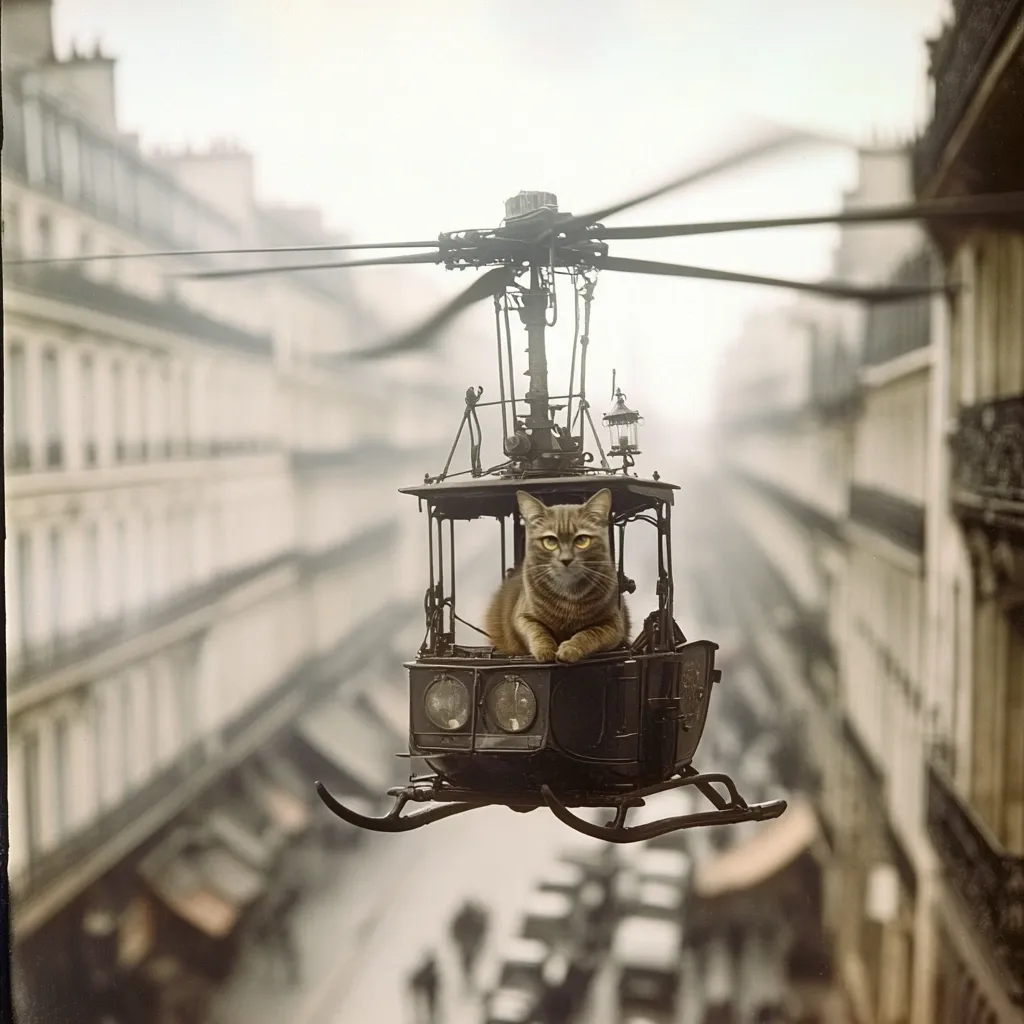 A tabby cat sits serenely in a miniature, steampunk-style helicopter gondola.  The tiny aircraft hangs suspended by wires above a blurred cityscape, likely Paris, judging by the architecture.  The scene is sepia-toned, giving it a vintage or fantasy feel. The contrast between the modern city and the antiquated cat-copter is striking.  The cat's composed expression adds to the whimsical, almost surreal, nature of the image.