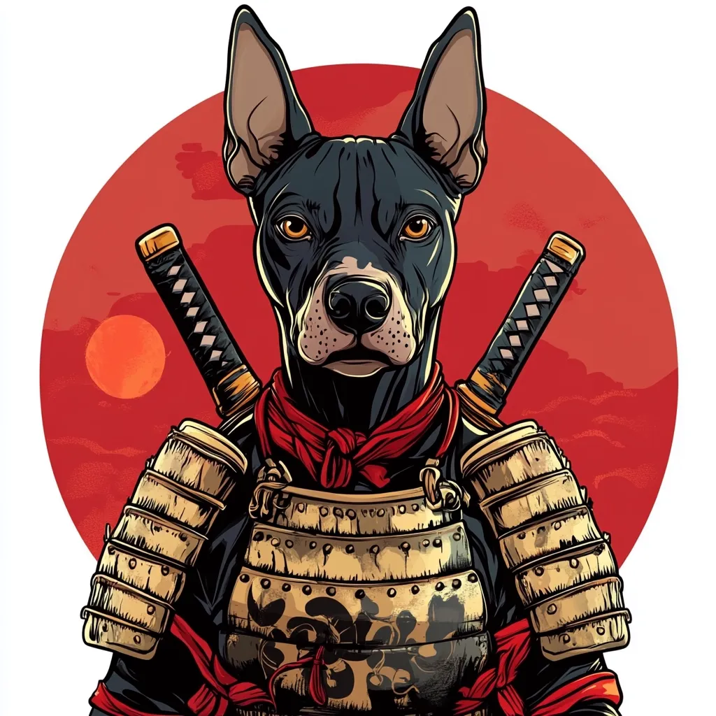 Here's a description of the image:

The illustration depicts a black dog, possibly a Xoloitzcuintli breed, attired in full samurai armor.  Two katana swords are crossed behind its shoulders.  A red bandana is tied around its neck, partially obscured by the armor.  The dog's expression is serious and stoic. The background features a large red sun, reminiscent of a classic Japanese woodblock print style, against a cloudy sky. The overall style is a blend of realism and graphic design, emphasizing bold colors and sharp lines.