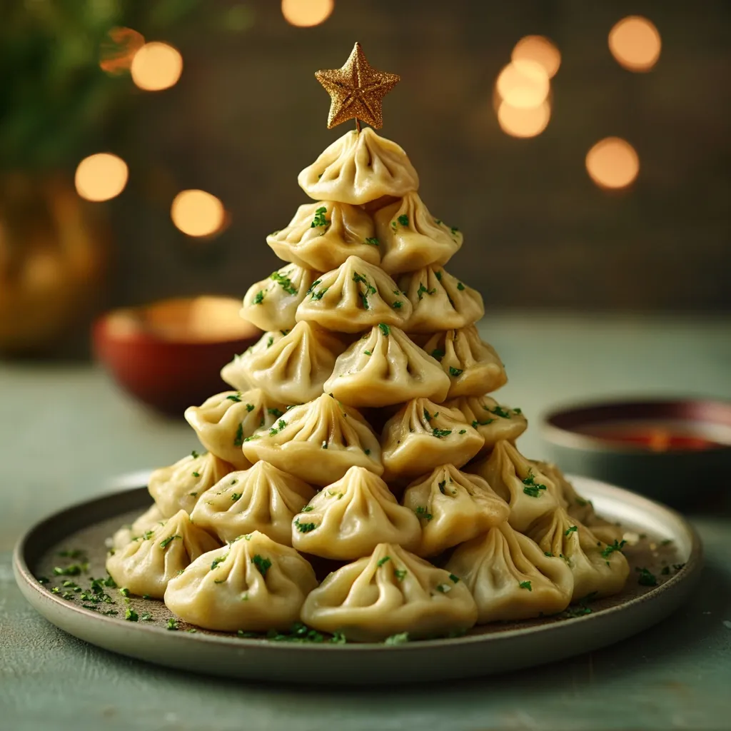 A festive Christmas tree is crafted from numerous steamed dumplings, meticulously arranged in a conical shape.  Each dumpling is lightly sprinkled with fresh herbs. A golden star adorns the apex, enhancing the holiday theme.  The dumplings rest on a plate, set against a softly blurred background of warm bokeh lights, creating a cozy and inviting atmosphere.  A small bowl of what appears to be dipping sauce is visible in the background.