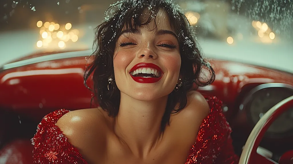 A joyful young woman with dark, curly hair smiles radiantly.  Snowflakes dust her hair as she sits in a classic red convertible, her red dress adding to the festive feel. The background is blurred but suggests a snowy, nighttime scene with warm lights.  Her bright red lipstick and happy expression create a cheerful, wintery mood.
