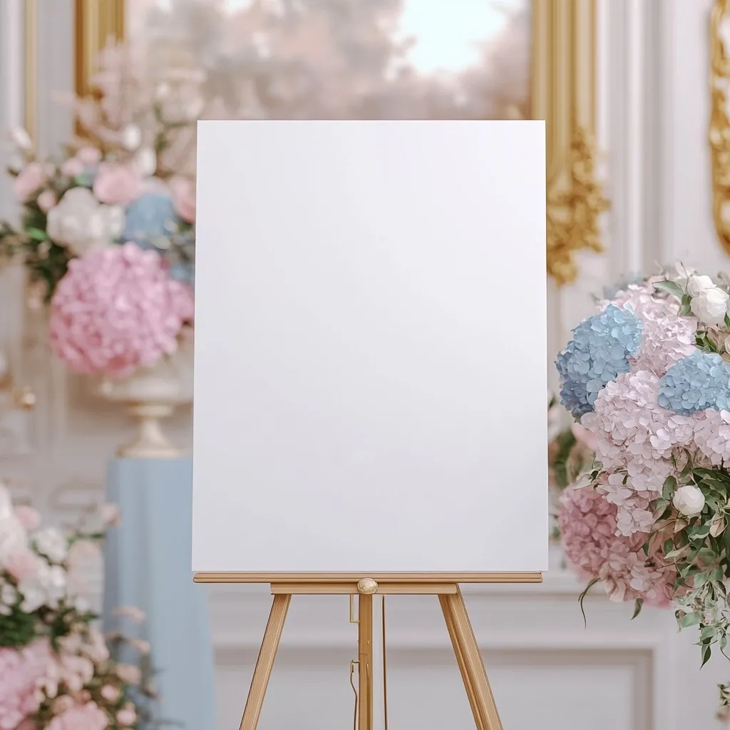 A blank white signboard stands on a wooden easel, centered in the image.  It's positioned in an elegant setting, flanked by large bouquets of pastel-colored hydrangeas in shades of pink and light blue. The background features ornate gold-framed artwork and pale walls, creating a sophisticated and romantic atmosphere, suitable for a wedding or special event. The sign is perfectly positioned for adding text or images.
