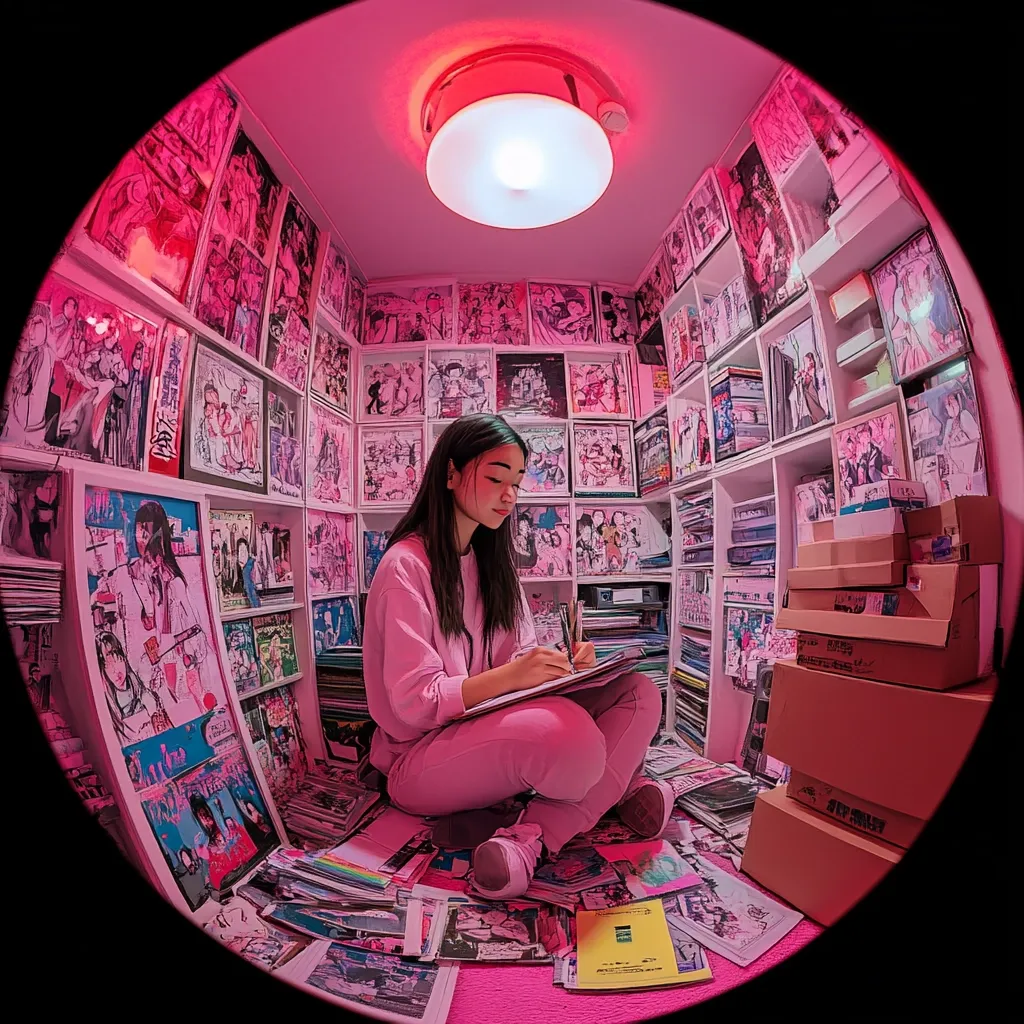 Here's a description of the image:

A young woman with long dark hair sits cross-legged on a pink floor, surrounded by walls completely covered in manga and anime artwork. She's wearing a light pink sweatshirt and pants and is writing in a notebook. The room is small and intensely pink, lit by a bright ceiling light. Boxes of manga and scattered artwork add to the cluttered, intensely geeky atmosphere. The fisheye lens perspective distorts the room, emphasizing its small size and the overwhelming quantity of manga.