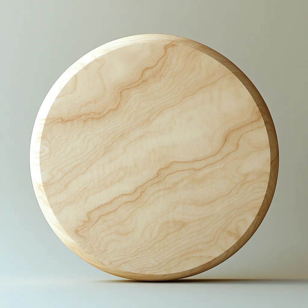 The image shows a circular piece of light-colored wood, possibly maple or a similar species.  The wood grain is prominently visible, displaying a swirling, wavy pattern across the surface. The disc is smoothly finished, with a slightly rounded edge.  It sits on a neutral, light gray background, and appears to be a simple, minimalist object. The overall impression is one of natural simplicity and elegance.
